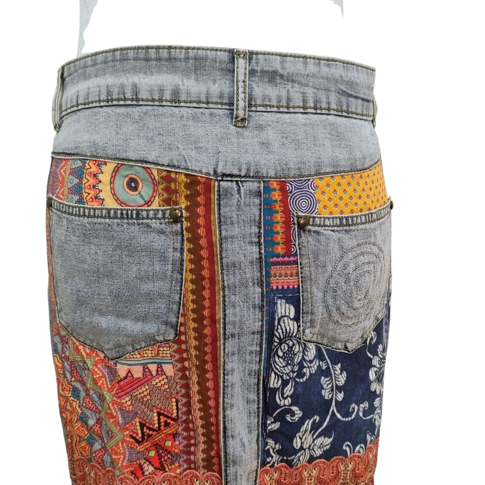 Desigual Wearable Art Multicolor Patchwork Denim Creative Artistic Maxi Skirt - Picture 11 of 16